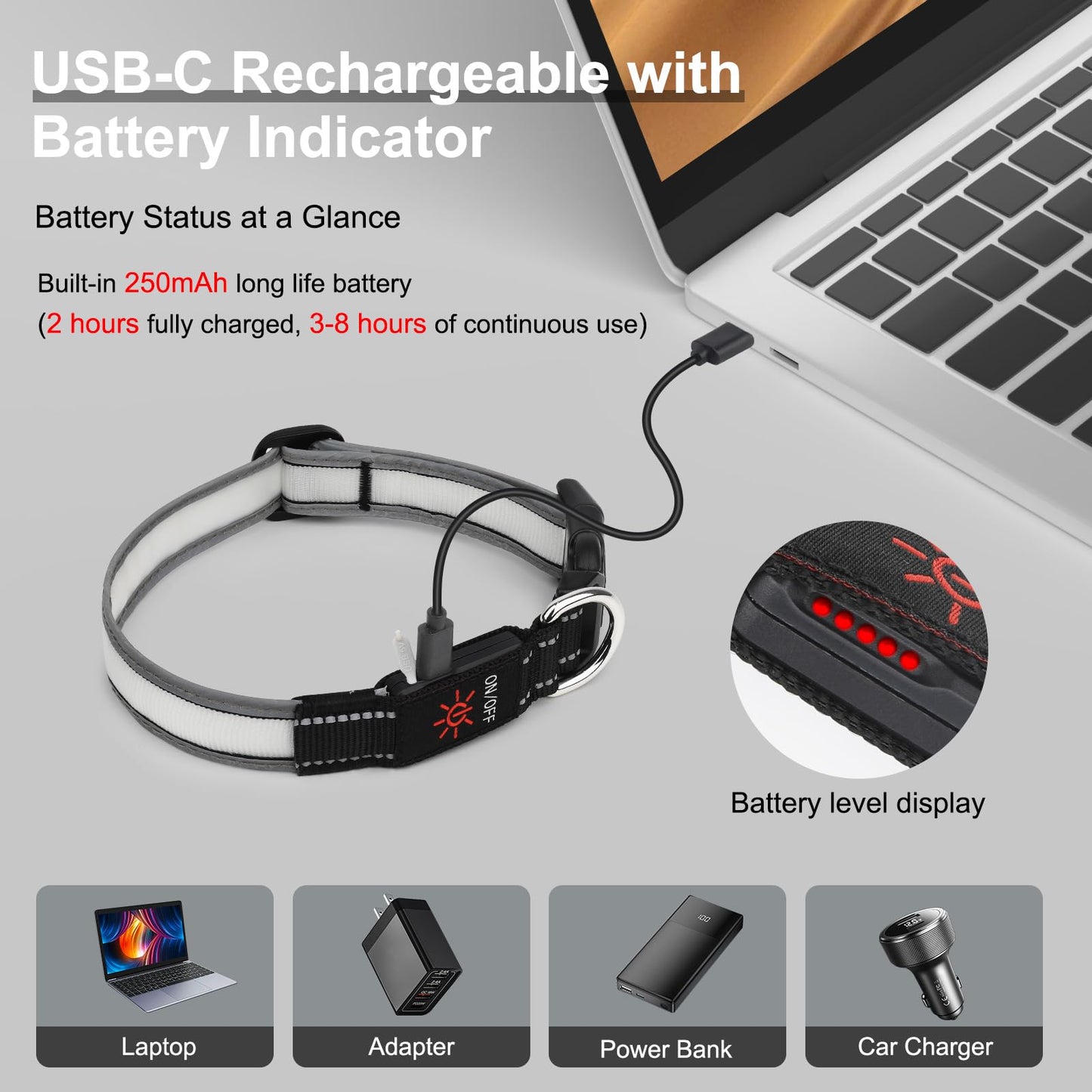 Light Up Dog Collar, Multicolor LED Dog Collar with 7 Modes, USB-C Rechargeable Reflective Glow Collar, Waterproof & Adjustable Design with Battery Indicator for Safe Night Walks(Medium)