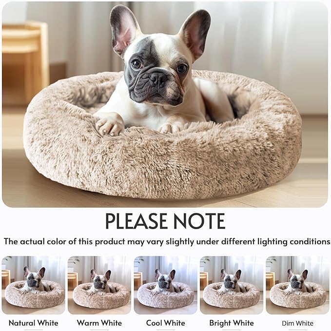 JOLLYVOGUE Calming Dog & Cat Bed for Small Dogs, Anti-Anxiety Donut Cuddler Cozy Soft Round Bed with Anti-Slip Bottom, Fluffy Faux Fur Plush Cushion Beds for Small Medium Dogs (27")