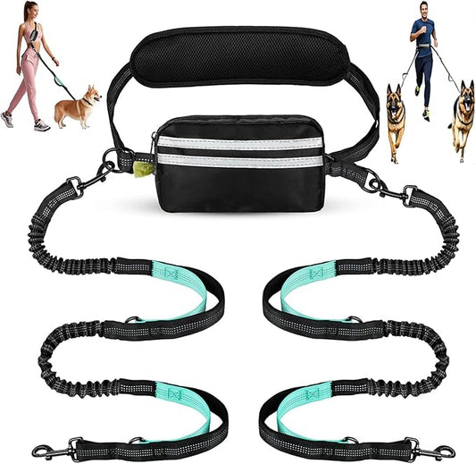 Hands Free Dual Dog Leash with Pouch for Medium & Large Dogs - Crossbody & Waist Leash for Dog Walking - Bungee with Padded Handles, Reflective Stitches, No Pull, Tangle Free