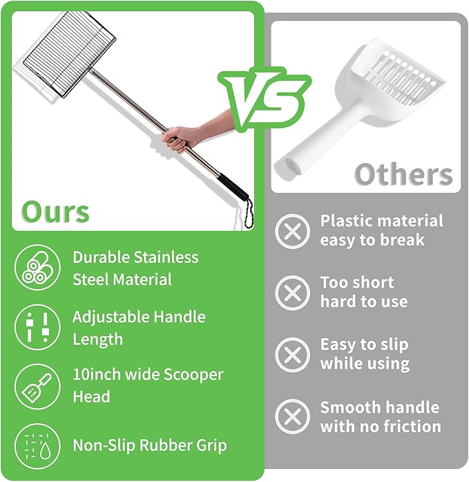 Large Chicken Poop Scooper, Metal Coop Scoop with 32" to 67" Adjustable Long Stainless Steel Handle, Chicken Poop Scooper for Sand with Heavy Duty Sifting Shovel for Chicken/ Horse/ Pet Coops (10 IN)