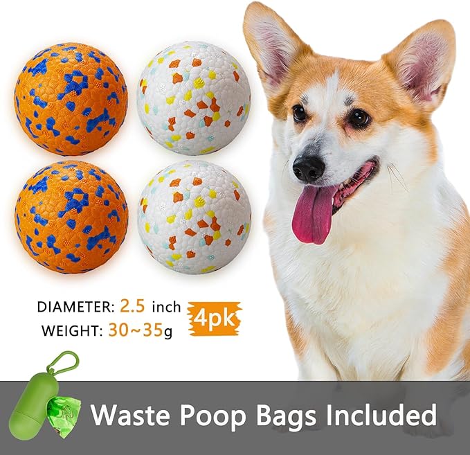 Dog Tennis Balls for Aggressive Chewers, Indestructible Dog Balls for Fetch Game, Durable Bouncy Lightweight Floating Toys (2 White + 2 Orange, Small (2.5" Diameter))