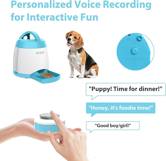 PETGEEK Automatic Dog Feeder/Treat Dispenser with Rechargeable Button Remote Control, Interactive Dog Food Puzzle & Stimulation Toys, 400ml Capacity Pet Dispensing Toy for Indoor/Outdoor Play