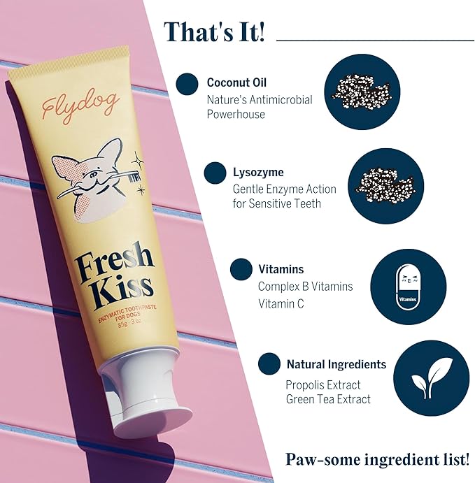 FlyDog Fresh Kiss Dog Tooth Brushing Kit - Vet Approved Formula, Enzymatic Dog Toothpaste and Brush - Breath Freshener & Tartar Remover, 360° Toothbrush & Finger Brush, Dental Guide, Peanut Butter