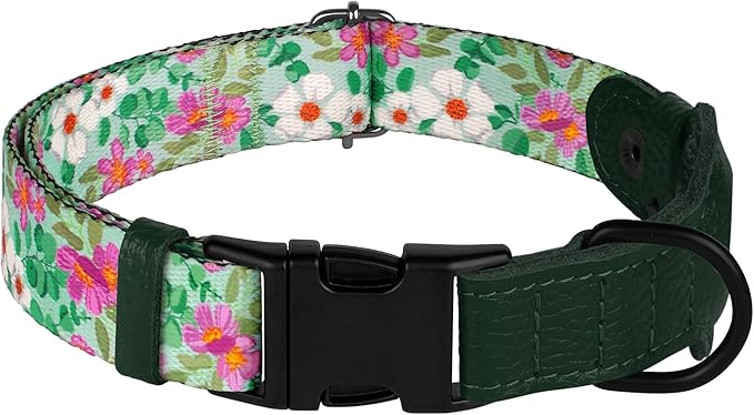 AirTag Dog Collar with Metal Buckle - Soft Leather Printed Nylon Dog Collar with Apple AirTag Holder - Cute Tracking GPS Pet Collars for Girl Boy Small Large Dogs (XS, 9"-12" Neck Fit, Floral)