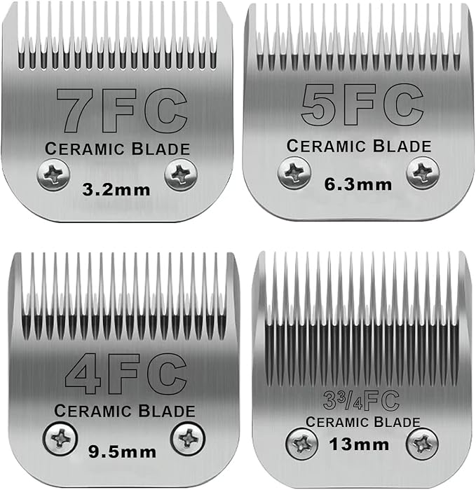 Size 7FC/5FC/4FC/3FC Detachable Pet Dog Grooming Clipper Ceramic Blades Set,Compatible with Andis,Oster A5,Wahl KM10 Series Clippers,Cut Length 1/8"(3.2mm) to 1/2"(13mm),4 Pack