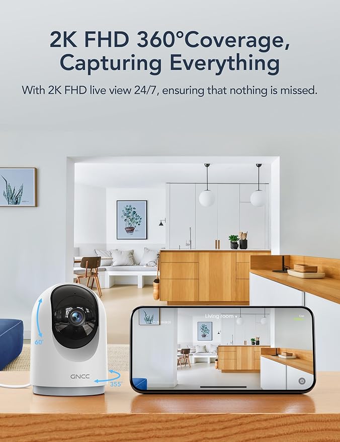 GNCC Indoor Security Camera, 2K Cameras for Home Security with Motion Detection, Baby/Pet Camera with Phone App, Night Vision, 2-Way Audio, TF/Cloud Storage, Works with Alexa & Google Home, 2.4G WiFi