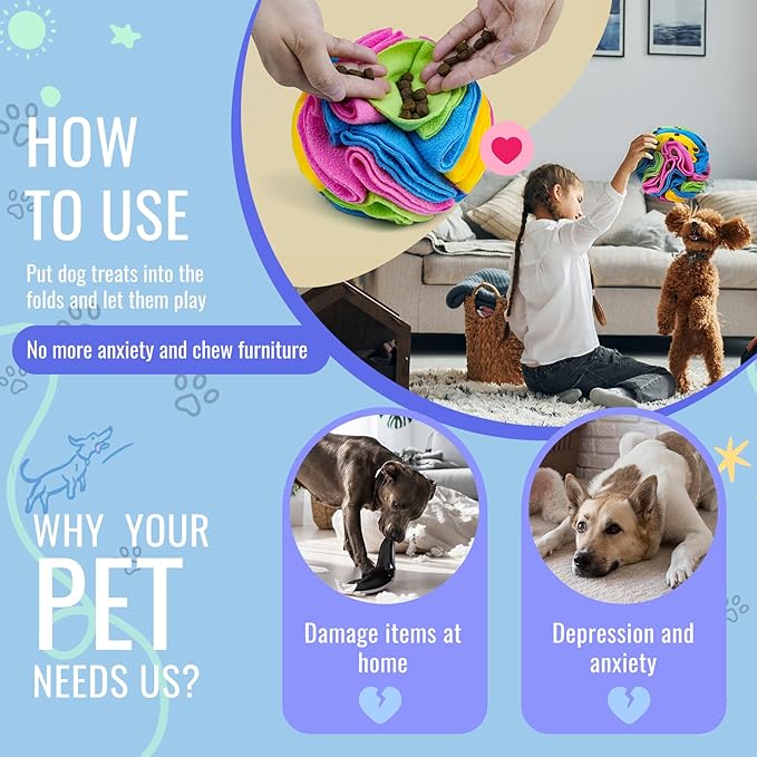 Pet Snuffle Ball, Puzzle Sniffing Interactive Dog Ball for Blind Dogs Training Stress Relief Dog Enrichment Toys Treat Machine Washable (15cm, New Rainbow Color)