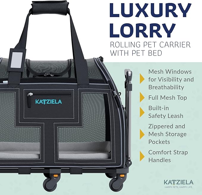 Katziela Rolling Pet Carrier Airline Approved - Pet Carrier with Wheels - Luxury Lorry - Deluxe TSA Approved Cat Carrier with 6 Wheels - Small Airline Approved Dog Carrier Trolley - Plane Carry On Bag