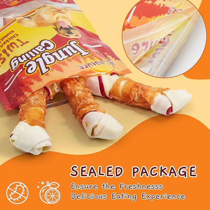 Jungle Calling Chicken Wrap Knotted Bones Dog Chews 6.5" Pack of 4, Long Lasting Beefhide Treats Real Chicken Wrap Rawhide Bones for Large Dogs Training Treats (3 Packs)