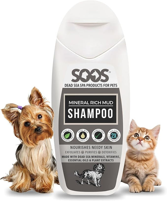 Soos Pet Dog Shampoo for Cats and Pets Mineral Rich Mud Natural Dead Sea Cruelty Free Fast Absorbing Skin Cooling First Aid Antib-acterial and Antif-ungal Odor Remover - 1x 250ml
