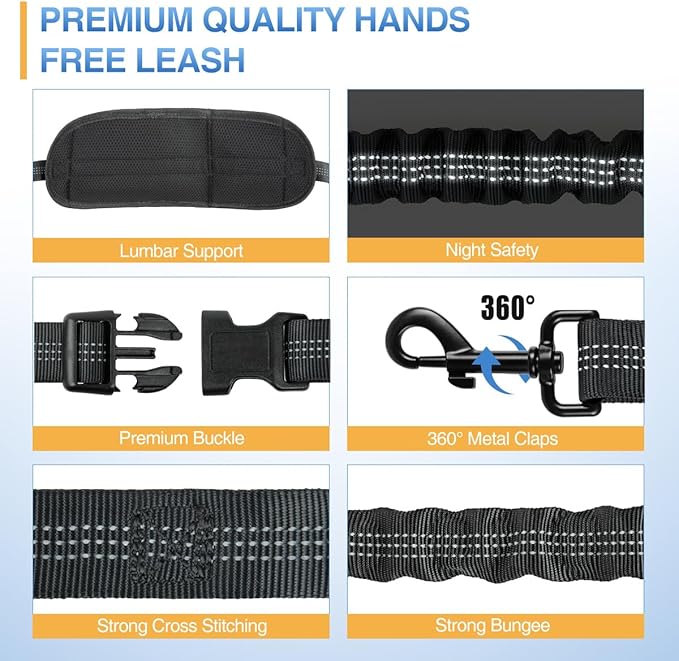 Kytely Hands Free Dog Leash with Zipper Pouch, Wide Padded Waist Dog Running Leash for Medium and Large Dogs, Dual Padded Handles, Retractable Bungee for Walking Jogging Training Hiking