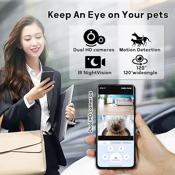 Maxee Cat Feeder, Automatic Dog Feeder with Camera, Cat Food Dispenser, 5G WiFi Pet Feeder with 2-Way Audio, Timed Pet Feeders, Motion Detection& Nightvision&120°Wideangle