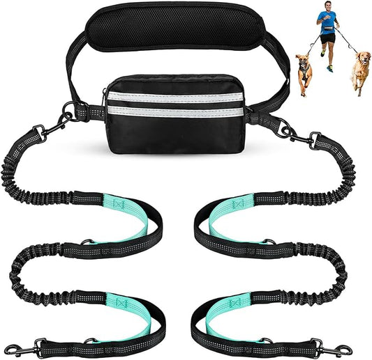 Hands Free Dog Leash with Pouch, Double Leash for Two Dogs, Retractable Bungee with Double Padded Handles, Waist for Dog Walking, Running for Dogs, Dog Walking Accessories