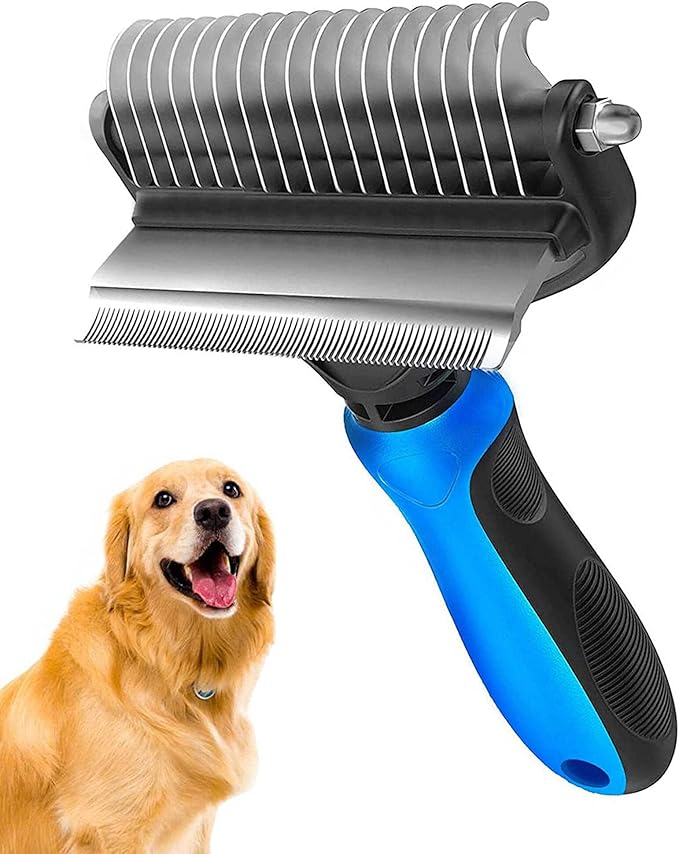 [ 2 in 1 design ] Undercoat Rake and Deshedding Tool for Dogs and Cats - Dematting Comb for Long Hair Pets, Grooming Brush to Clear Mats, Tangles and Reduce Shedding by 95%