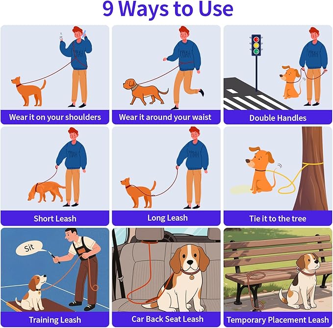 Hands-Free Dog Leash with Adjustable Length 6-9FT + Dual Padded Handles Reflective Safety for Walking, Jogging & Training | Suitable for Medium to Large Dogs & Puppies Blue-L