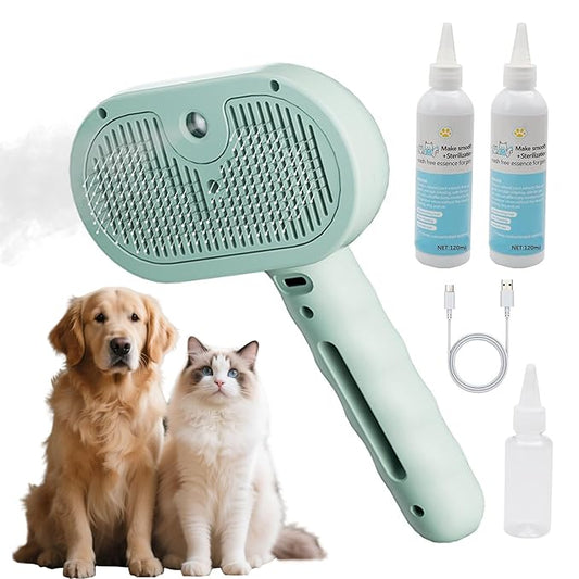 Pet Steam Brush for Dog & Cat,4-in-1 Spray Hair Removal Comb with Waterless Shampoo,Steam for Shedding & Grooming–Water Brush for Long & Short Haired Pets –Anti-Static & Skin-Friendly Design (Green)