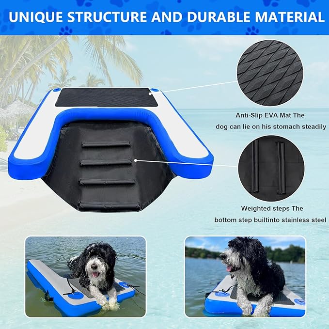 Inflatable Dog Boat Ramp, Non-Slip EVA Dog Float Floating Ramp Ladder for Pools Boats Docks, Safe & Easy Water Access for Large Dogs, Blue