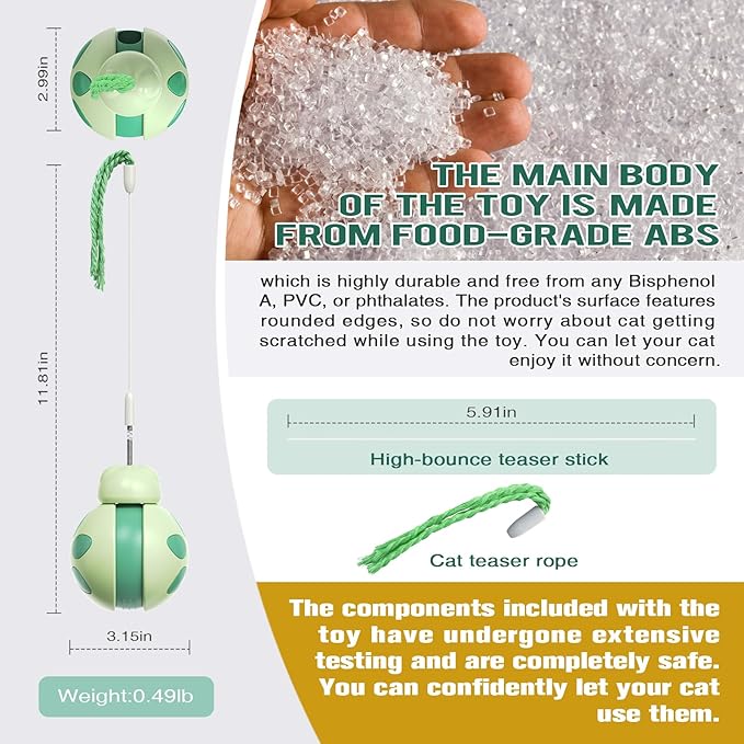 Cat Puzzle Toys,Slow Feed Dispensing Cat Toy with Cat Teaser Wand,Never-Knockover Wobble Design, Health Benefits and Weight Loss (Green)