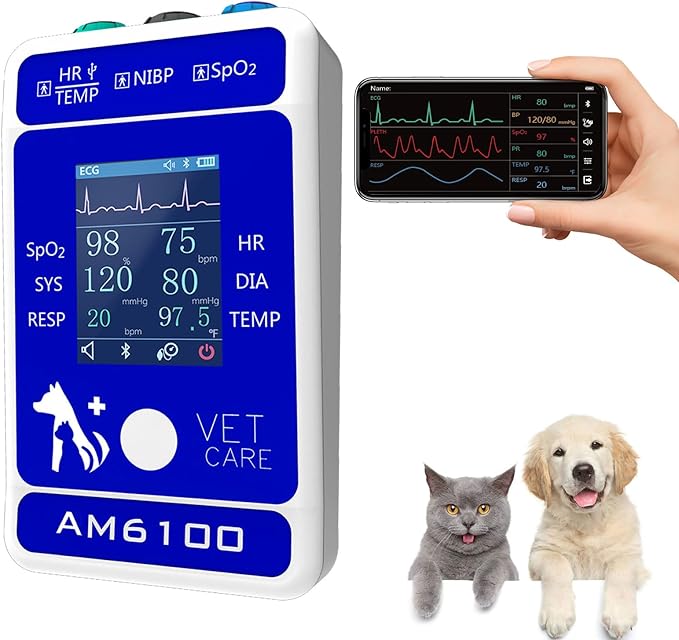 Handheld Veterinary Pulse Oximeter,Rechargeable Dog Blood Pressure Monitor, 6 Parameters Animal Patient Mnitoring Equipment with 2.4" Display and Bluetooth for Pets Cat Home Clinic Use