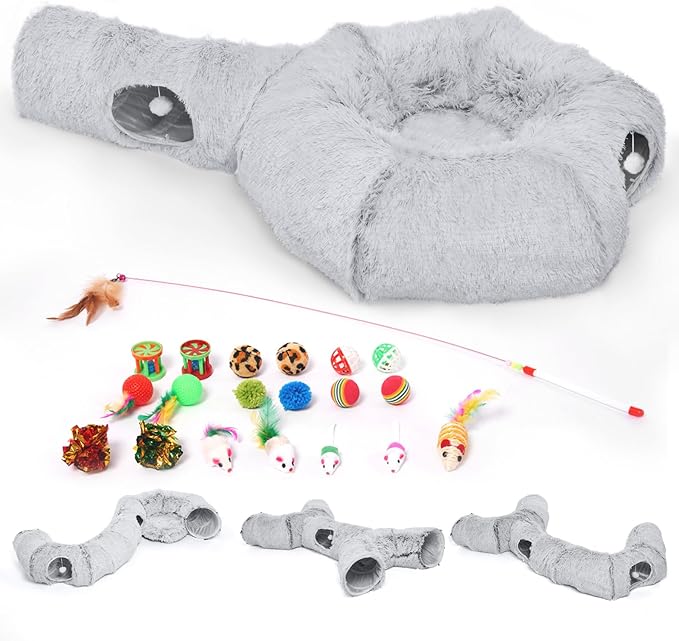 Odoland 5 Shapes Cat Tunnels with Fluffy Bed - Indoor Cats Cave Tunnels with 20 Pet Toys, DIY Kittens Donut Tunnel and Variety Kitten Toy Set for Puppy Rabbit