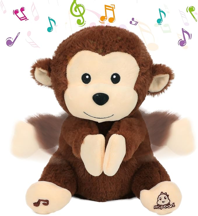 Hopearl Clapping Monkey Interactive Musical Stuffed Animal Singing Plush Toy Adorable Electric Animate Gifts for Kids, Brown, 11''
