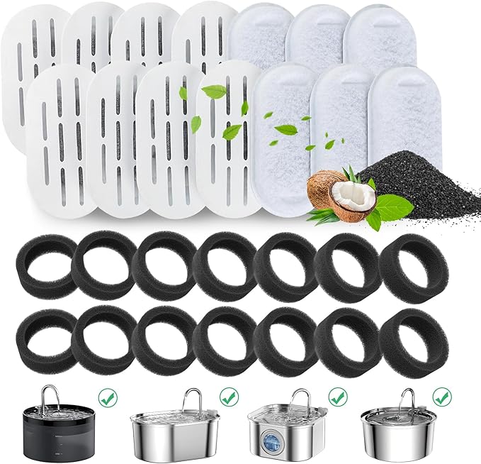 Cat Water Fountain Filters, 28 Pack Cat Fountain Filters, Cat Fountain Replacement Filters for 67oz/2L&108oz/3.2L Stainless Steel Cat Water Fountain, Pet Water Fountain Filters (14 Filters&14 Sponges)