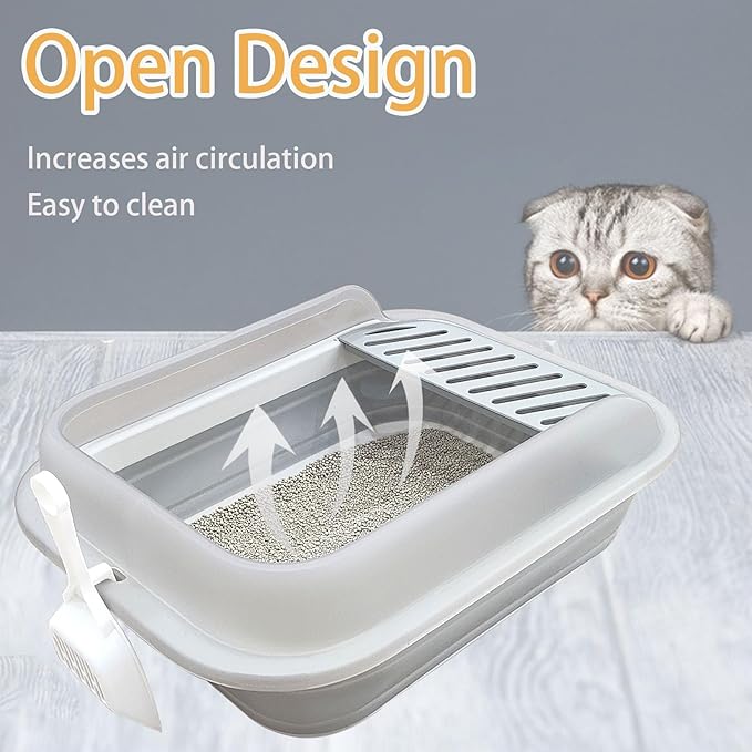 Collapsible Kitten Litter Box, Open High Sided Cat Potty Pan with Scoop Shallow Cat Toilet Anti-Splashing Low Entrance Travel Litter Box with Falling Sand Pedal for Kitty to Senior Cats