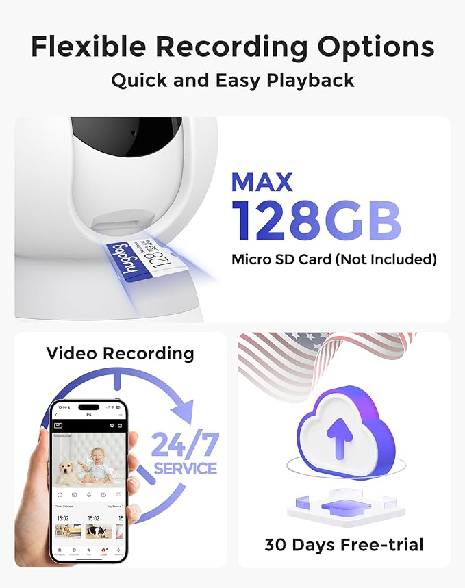 Hugolog 4K 8MP Indoor Pan/Tilt Security Camera with Auto-Focus,Ideal for Baby Monitor/Pet Camera/Home Security,Starlight Color Night Vision,Human/Pet AI,Noise Reduction,US Cloud,Works with Alexa