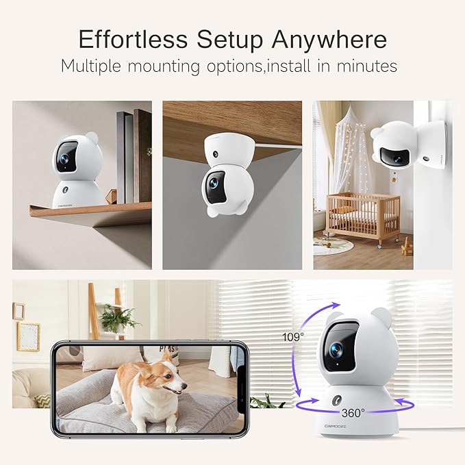 2.5K Security Camera Indoor, Non-Subscription AI Person/Pet/Cry Detection, 4MP Pet/Dog/Cat Camera w/Phone App, Pan Tilt 2.4GHz WiFi Cameras for Home Security, IR Night Vision, Full Duplex 2-Way Audio