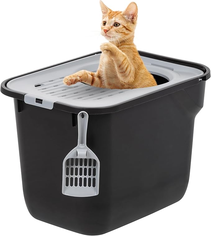 IRIS USA Cat Litter Box, Large Cat Box Enclosure, Top Entry with Litter Catching Lid, Enclosed with Scoop, Black/Gray
