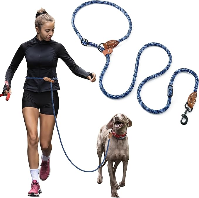 Mile High Life Hands Free Dog Leash, Crossbody Waist Leash with Genuine Leather Connection, Multifunctional Adjustable Slip Lead for Dog Walking Running (Blue, 7FT)