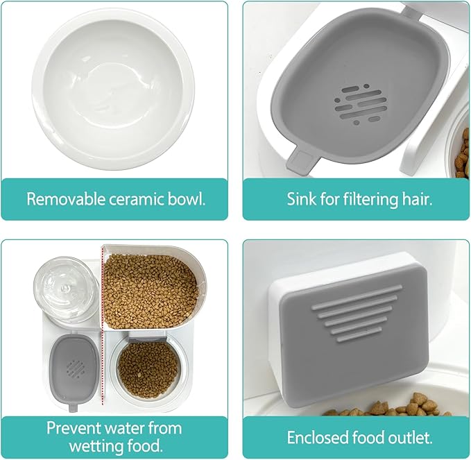 Fhiny Gravity Cat Feeder and Water Dispenser, 2 in 1 Automatic Pet Waterer Detachable Ceramic Food Bowls Set Pet Food Storage for Small Dog Puppy Cat Kitten Pet Easy Clean (Grey)