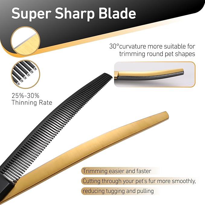Fenice Peak Black and Golden Professional Curved Thinning Dog Grooming Scissors 7.5'' 440C Stainless Steel Thinner Shear Sharp and Durable with Decorative Screw