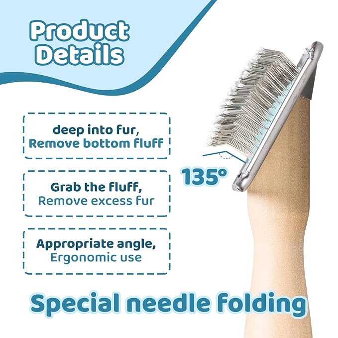 Pin Brush for Dog & Cat,Grooming Brush for Shedding, Dematting, Bath, for Long/Short Hair, Poodles, Indoor Cats, Wooden Handle, with Angled Stainless Steel Pins and Coated Tips