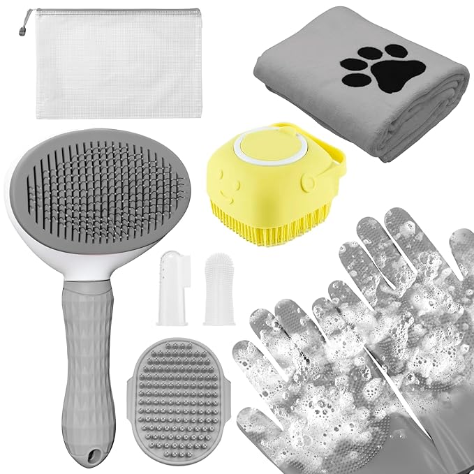 Dog Grooming Kit for Shedding – 8-Piece Pet Grooming Supplies with Deshedding Brush, Bath Gloves, Towels & Silicone Toothbrush | Ideal for Dogs, Cats, Small and Large Pets (Gray)
