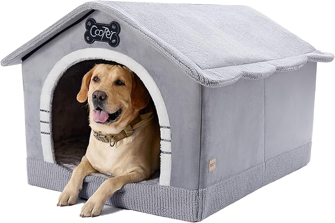 Jiupety Indoor Dog House with Frame, Large Dog Cave Bed, Insulated Cozy, Suitable for 60-100 lb, Jumbo (38"×30"×28"), Gray