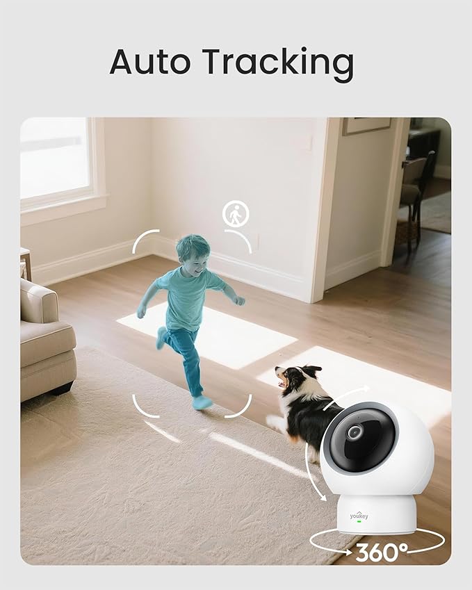 youkey Indoor Camera, No Monthly Fees, Pan & Tilt, 2.5K Security Camera with 2.4/ 5GHz WiFi 6, Bluetooth Pairing, Human/Pet/Baby Crying Detection, Two-Way Talk, Night Vision, P310