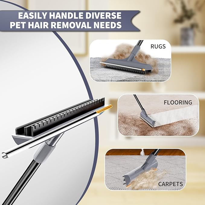 3 in 1 Carpet rake Kit for Pet Hair Removal Tool - Reusable Pet Hair Remover Broom w 58" Adjustable Long Handle, Dog & Cat Carpet Scraper, Pet Hair Remover for Rugs, Mats, Couch, Curtains(Gray)