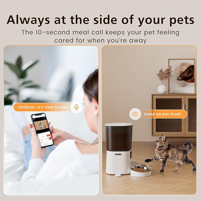 Automatic Cat Feeder with Camera, 6L WiFi Smart Pet Feeder with APP Control, 1080P HD Video, Voice Call, Motion Detection, Dual Power Supply, for Dogs Cats, Small-Pet (White, 6L)