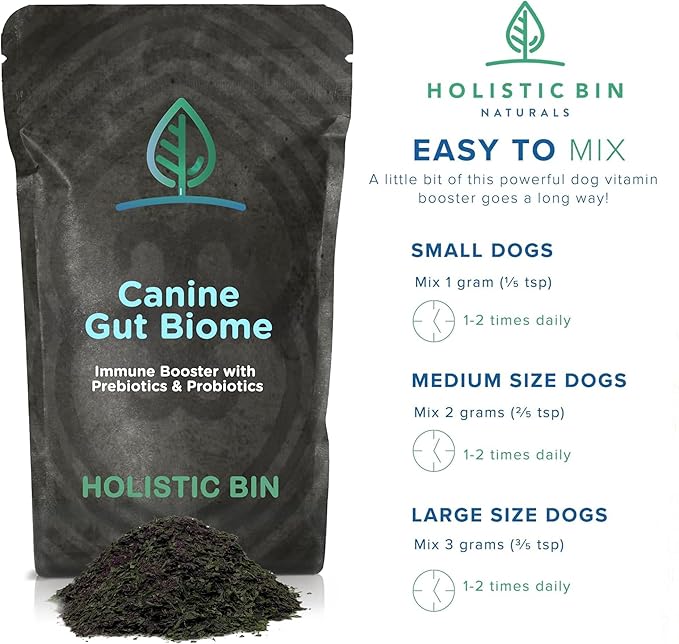 HOLISTIC BIN Canine Gut Biome Powder – Prebiotics & Probiotics for Dogs with Enzymes – Dog Vitamins & Multivitamin for Gut Health – Enzyme Powder Supplement – for Digestive Support - 50 Grams