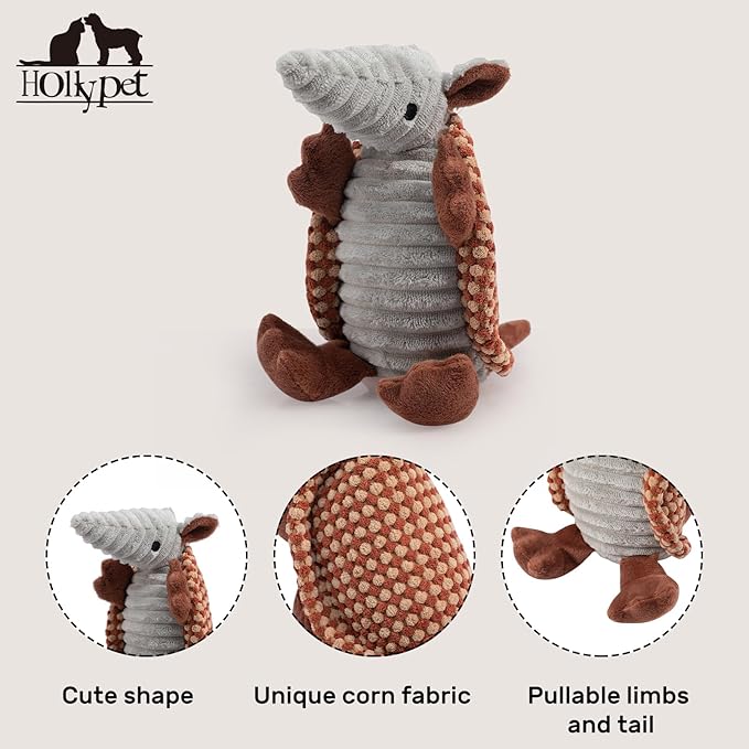 Hollypet Plush Dog Squeaky Toy Stuffed Armadillo Animal Pet Puppy Chew Toys with Clean Teeth for Small Medium Large All Breed Sizes Dogs, Burnt Orange and Light Yellow,8 in