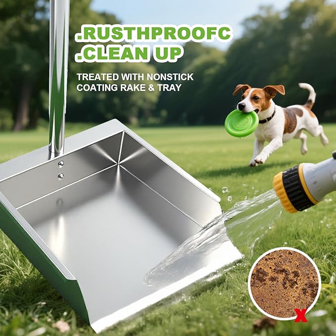 Heavy Duty Metal Pooper Scooper, Dog Pooper Scooper for Large Medium Dogs Long Handle Stainless Tray and Rake Set，Extremely Durable Metal Stainless Steel Dustpan for Indoor Outdoor Cleaning 。