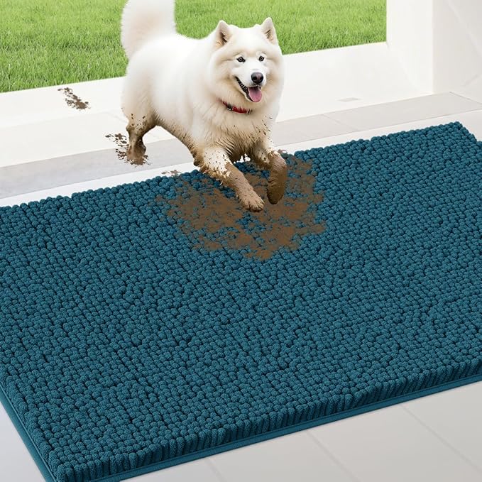 IM HOME 48" x 38" Teal Blue Dog Door Mats for Muddy Paws, Chenille Absorbent Dog Mat, Non Slip Heavy Mud Mat for Dogs, Soft Pet Bed Mat for Entryway, Mud Paws, Inside Floor