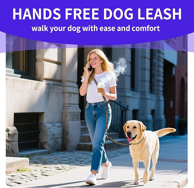 Hands-Free Dog Leash with Adjustable Length 6-9FT + Dual Padded Handles Reflective Safety for Walking, Jogging & Training| Suitable for Medium to Large Dogs & Puppies Brown-L