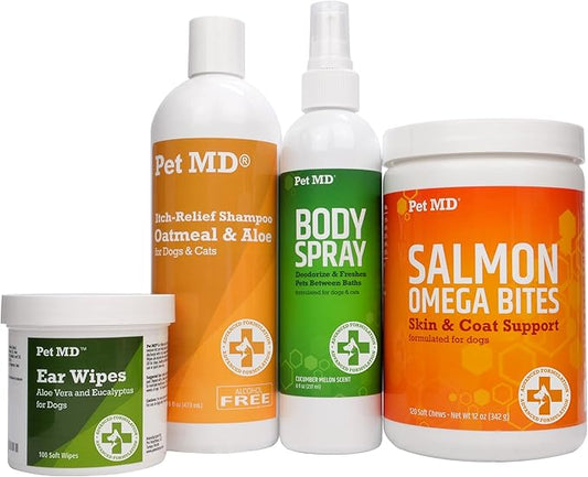 Pet MD Salmon Omega Bites & Ear Wipes & Oatmeal + Aloe Shampoo & Cucumber Melon Body Spray