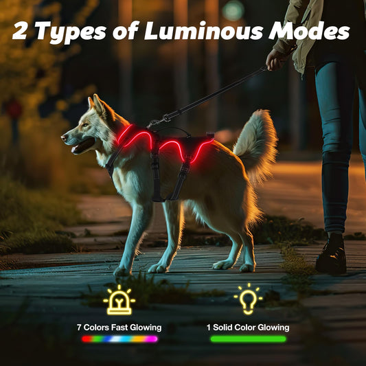 Light Up Dog Harness, 7 Color Changing LED Dog Harness, Rechargeable No Pull Dog Vest Harness, Adjustable Rainproof Pet Harness, Glowing Dog Vest Harness for Dogs Night Walking
