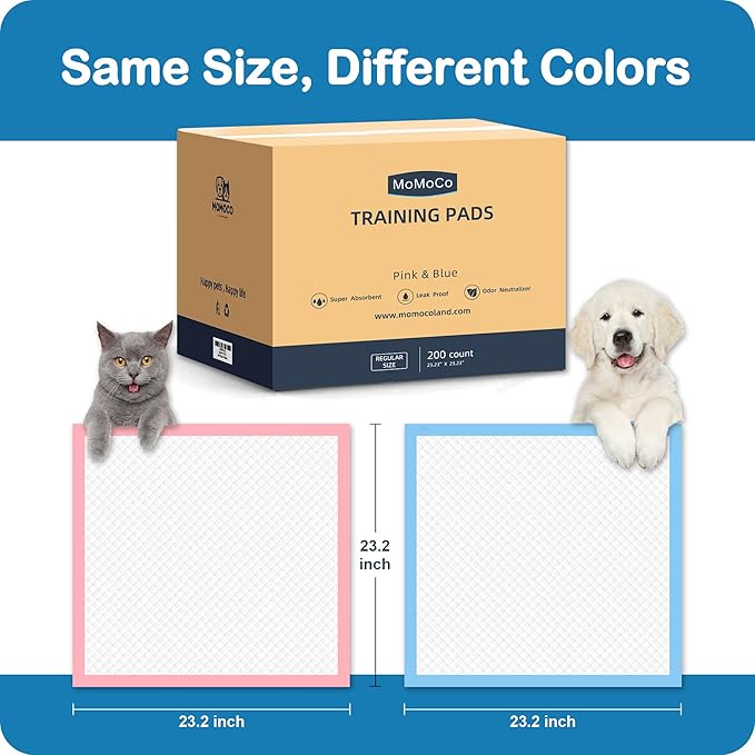 MoMoCo Value Pack Puppy Training Pads 23"x23", 200 Count (Blue100 + Pink100) – Leak-Proof & Super Absorbent Potty Pads for Dogs, Cats & Rabbits