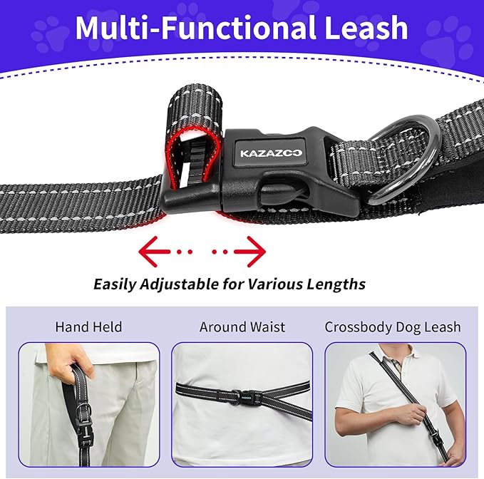 Hands-Free Dog Leash with Adjustable Length 6-9FT + Dual Padded Handles Reflective Safety for Walking, Jogging & Training | Suitable for Medium to Large Dogs & Puppies Black-L