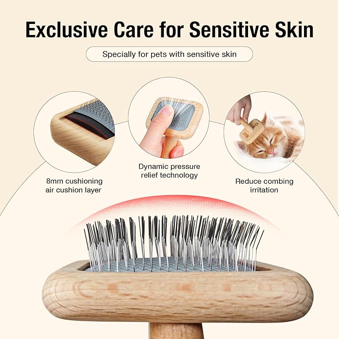 UTEE Slicker Brush for Small Dogs & Cats (Yorkies, Chihuahuas, Persian Cats) Gentle Grooming Tool with Stainless Steel Curved Pins & Ergonomic Beech Wood Handle — Ideal for Long or Thick Fur