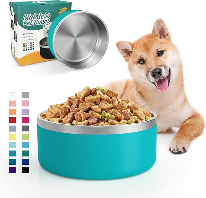 IKITCHEN Dog Bowl for Food and Water, 40 Oz Stainless Steel Pet Feeding Bowl, Durable Non-Skid Double Wall Insulated Heavy Duty with Rubber Bottom for Medium Large Dogs (40 Ounces/5 Cup, Lakeblue)